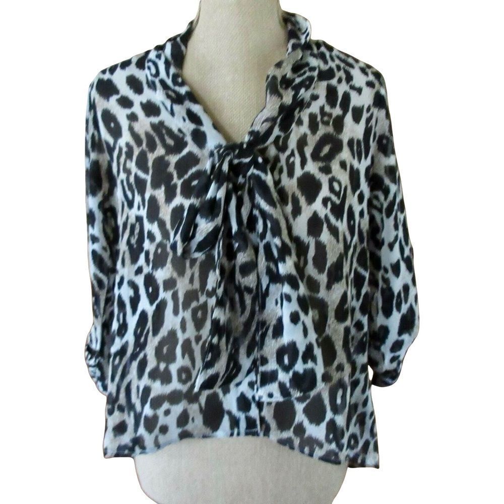 Mariol Womens Blouse Button Up Beige Black Leopard Print Tie Neck 3/4 Sleeve M - Picture 2 of 5